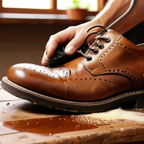 Home 24 **Prompt:** Close-up shot of a hand gently cleaning a leather shoe with a soft brush, removing dirt and dust. Focus on the texture of the leather and the gentle cleaning motion. Background: A softly lit workbench with various shoe cleaning supplies. Style: Realistic, warm tones.