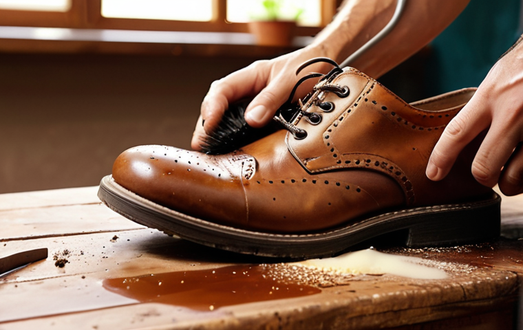 **Prompt:** Close-up shot of a hand gently cleaning a leather shoe with a soft brush, removing dirt and dust. Focus on the texture of the leather and the gentle cleaning motion. Background: A softly lit workbench with various shoe cleaning supplies. Style: Realistic, warm tones.
