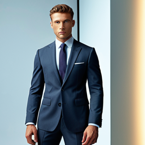 Home 23 **A well-dressed man in a perfectly tailored suit, standing confidently against a modern, stylish backdrop. Focus on the impeccable fit of the clothing and the harmonious color palette.**