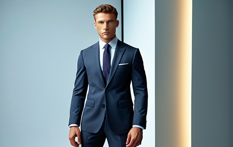**A well-dressed man in a perfectly tailored suit, standing confidently against a modern, stylish backdrop. Focus on the impeccable fit of the clothing and the harmonious color palette.**