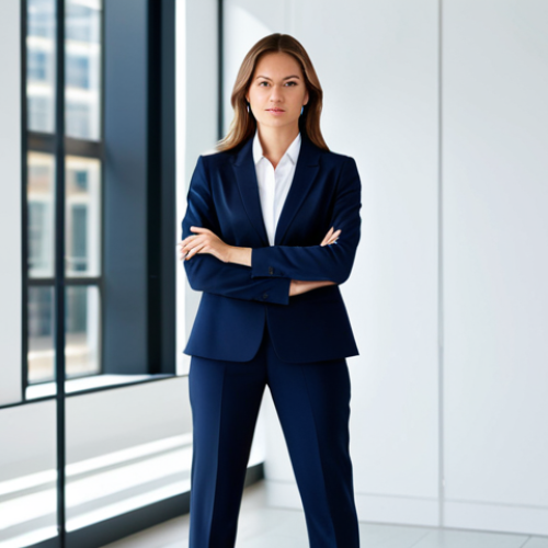 Home 13 Classic Professional Look**
"A professional businesswoman in a navy blue business suit, fully clothed, wearing a white blouse, standing in a well-lit modern office, safe for work, appropriate content, perfect anatomy, natural proportions, professional lighting, high quality."
**