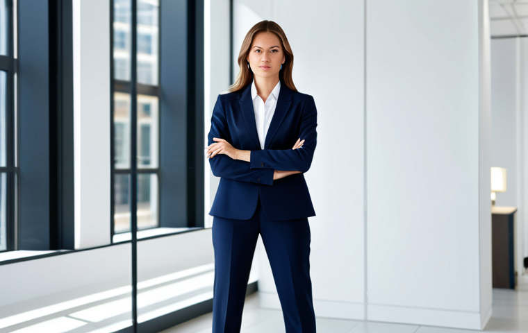Classic Professional Look**

"A professional businesswoman in a navy blue business suit, fully clothed, wearing a white blouse, standing in a well-lit modern office, safe for work, appropriate content, perfect anatomy, natural proportions, professional lighting, high quality."

**